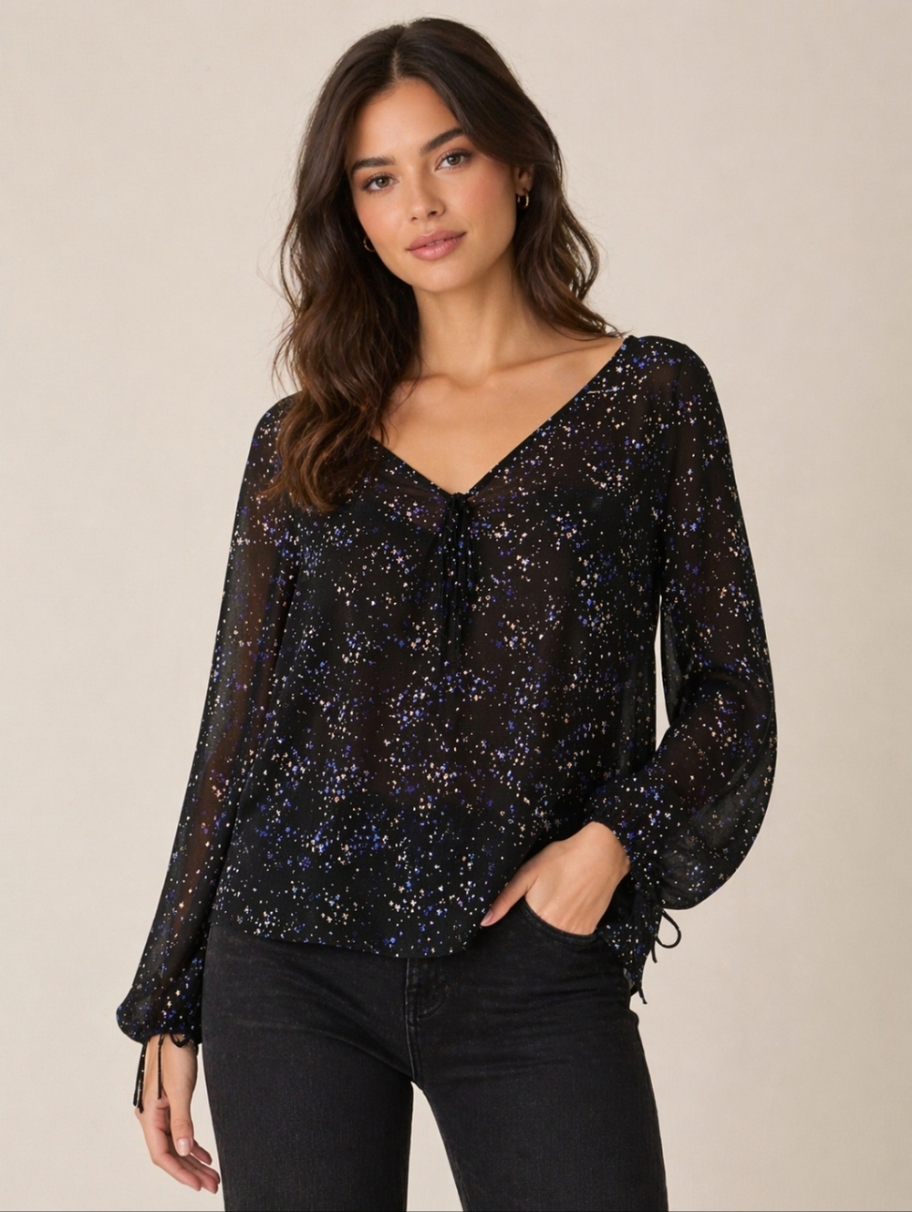 Sanctuary Winona Tie Neck Star Print Blouse Medium Celestial Galaxy Chiffon